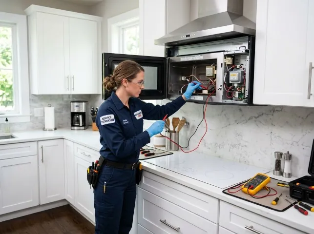 Appliance Repair Hero technician testing an over-the-range microwave in a Afton, MN kitchen